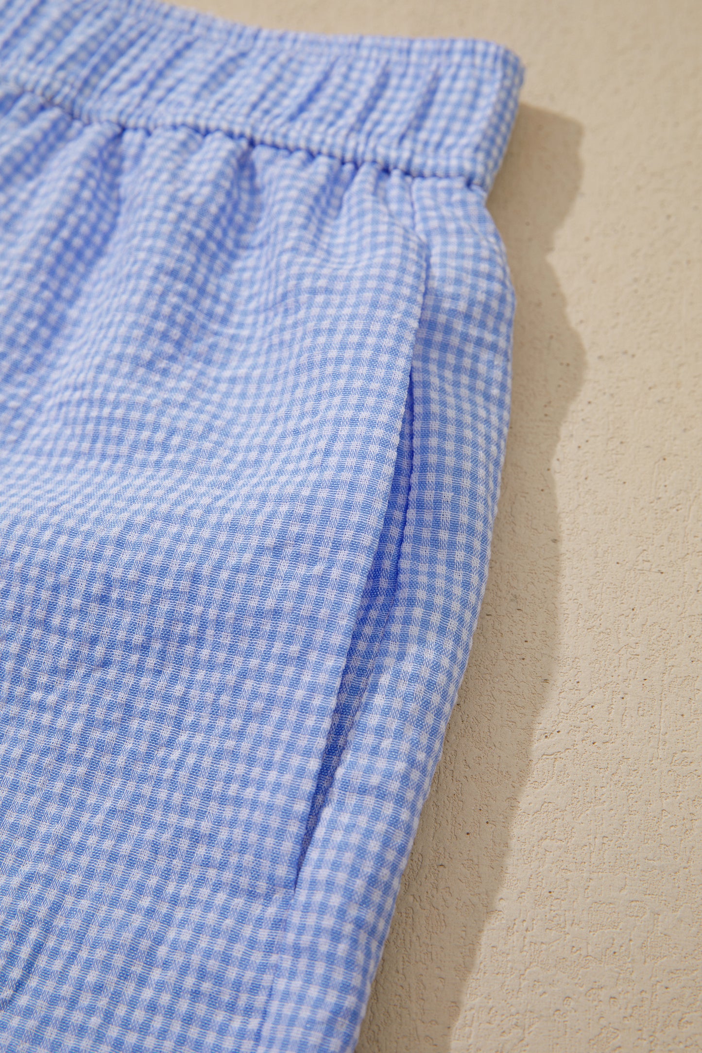 Sky Blue Gingham Plaid Button Detail Lace Trim Boxer Shorts