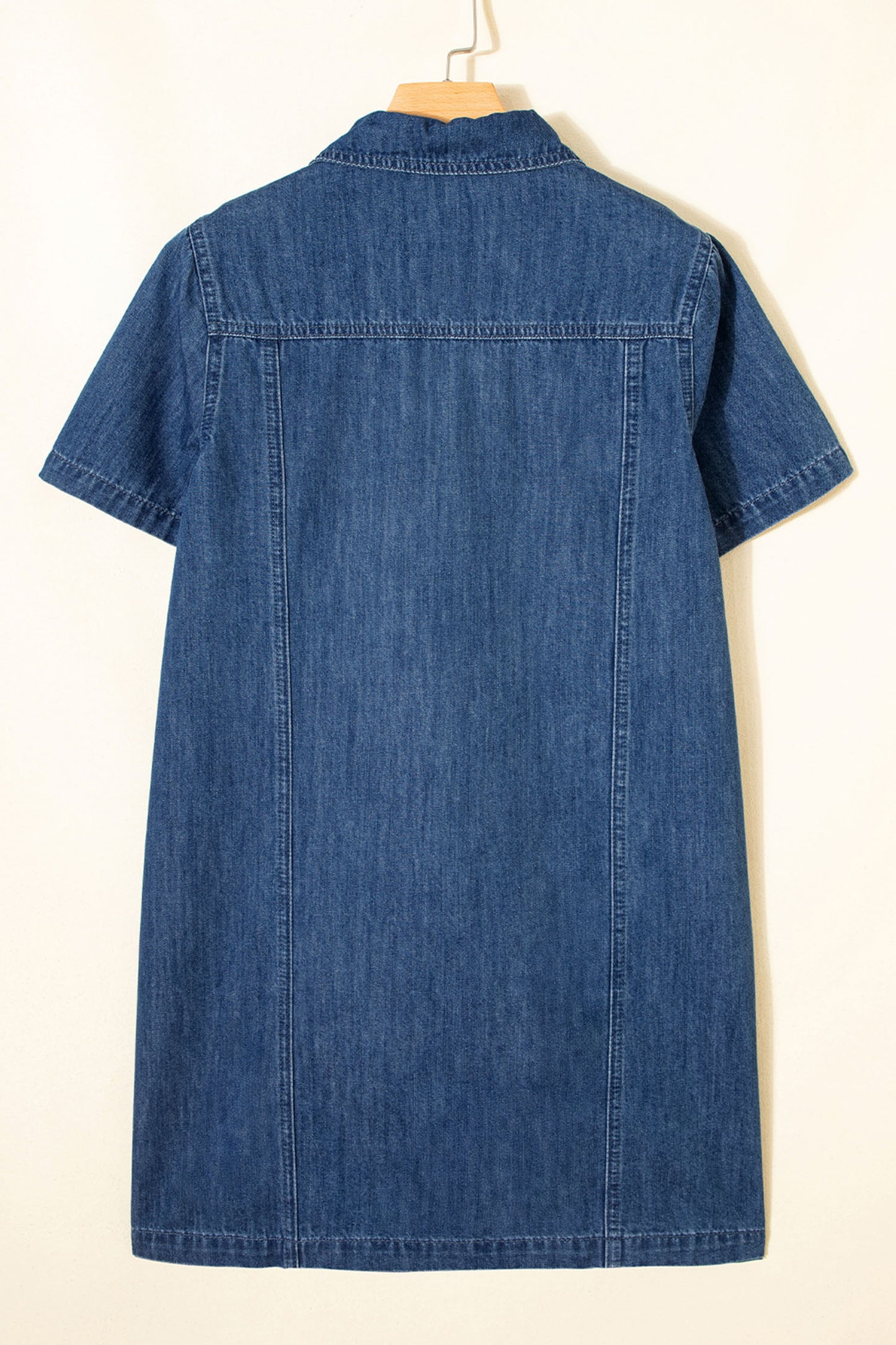 Blue Sequin Football Pattern Zip Collar Pocketed Denim Shift Dress