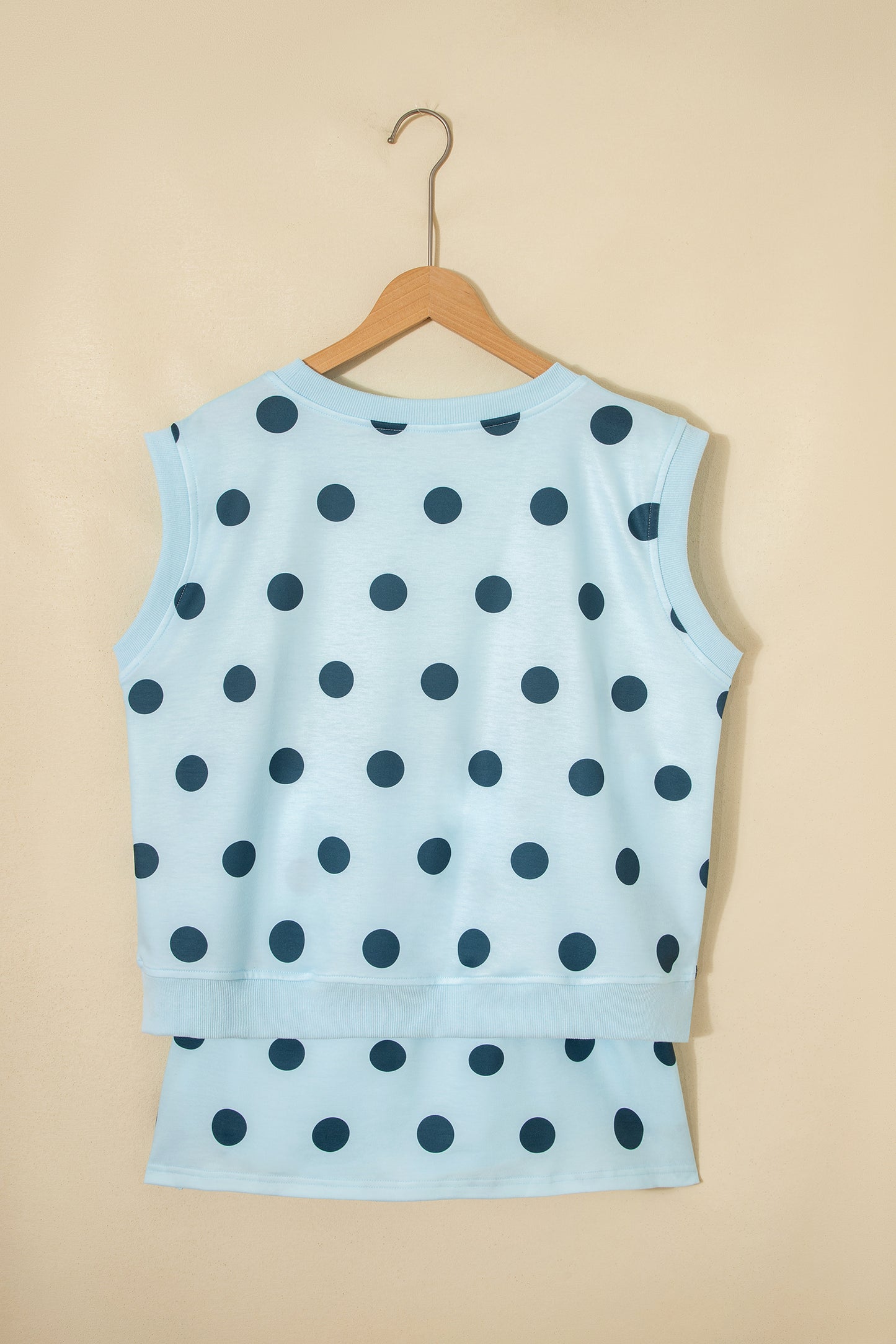 Sky Blue Ribbed Trim Polka Dot Print Tank Split Mini Skort 2pcs Set