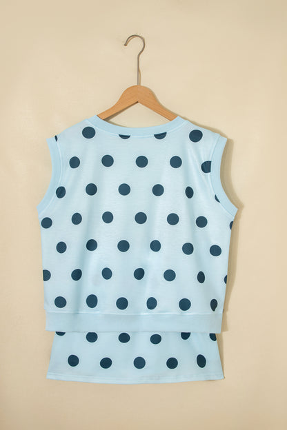 Sky Blue Ribbed Trim Polka Dot Print Tank Split Mini Skort 2pcs Set