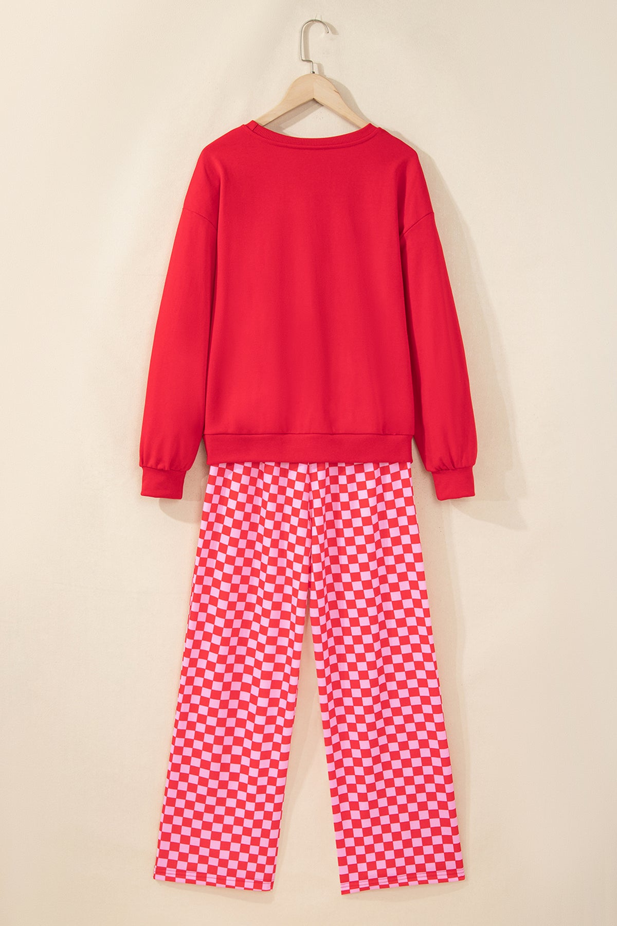 Red Christmas Slogan Graphic Plaid Contrast Two-piece Pant Set