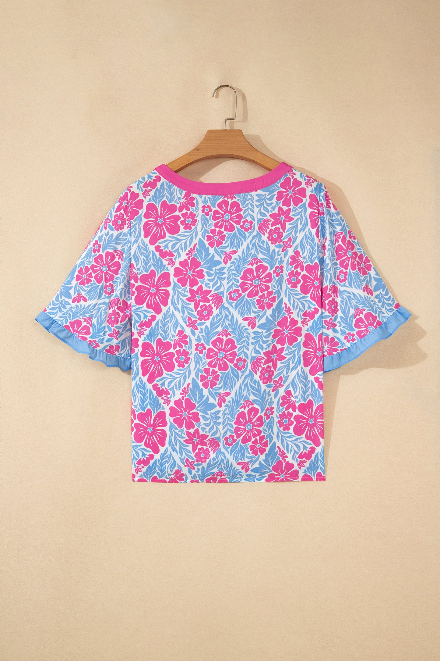 Purple Floral Print Ruffled Color Block Trim Half Sleeve Blouse