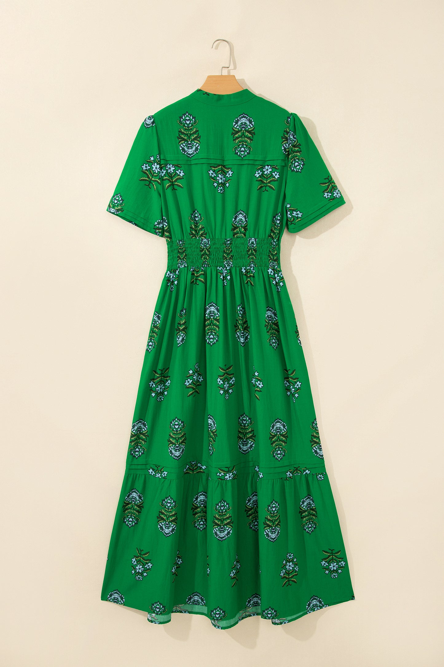 Green Floral Print Split Neck Shirred High Waist Ruffle Hem Maxi Dress