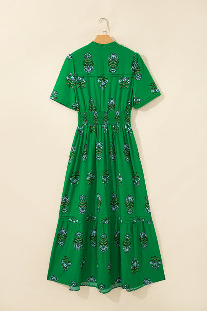 Green Floral Print Split Neck Shirred High Waist Ruffle Hem Maxi Dress