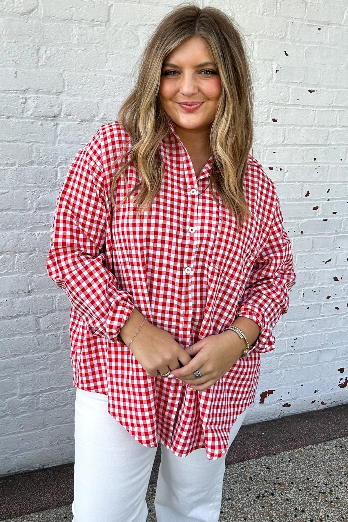 Red Plaid V Neck Long Sleeve Tunic Loose Fit Plus Size Shirt
