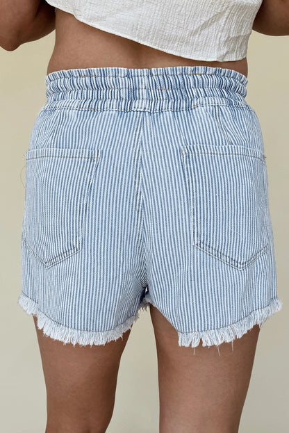 Sky Blue Stripe Raw Edge Drawstring Elastic Waist Casual Denim Shorts