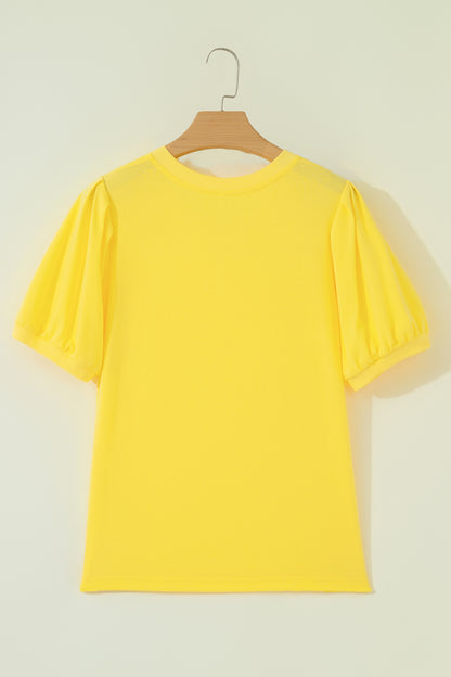 Turquoise Solid Color V Neck Short Puff Sleeve Blouse