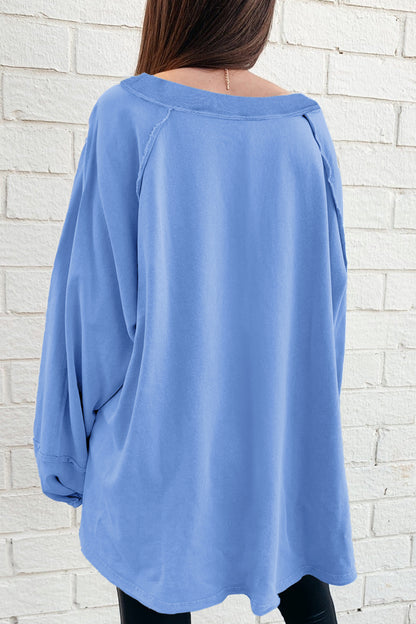 Beau Blue Solid Color Raw Seam Patchwork Baggy Sweatshirt