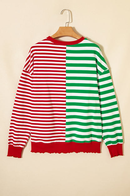 Green Stripe Contrasted Color Block Patchwork Baggy Sweatshirt