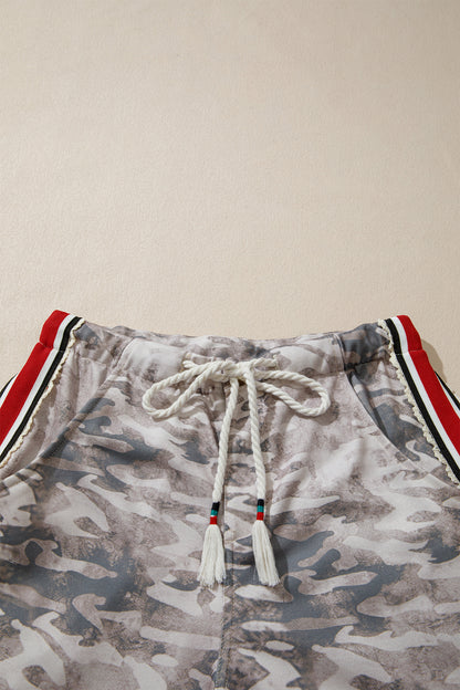 Khaki Camouflage Print Striped Side Panel Patchwork Drawstring Pants