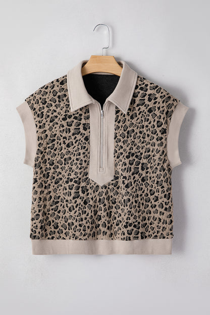 Beige Zip up Collared Leopard Cap Sleeve Top