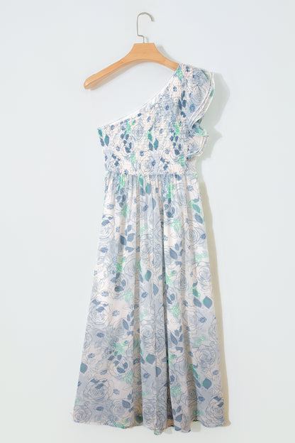 Sky Blue Floral Print Ruffled One Shoulder Vacation Maxi Dress