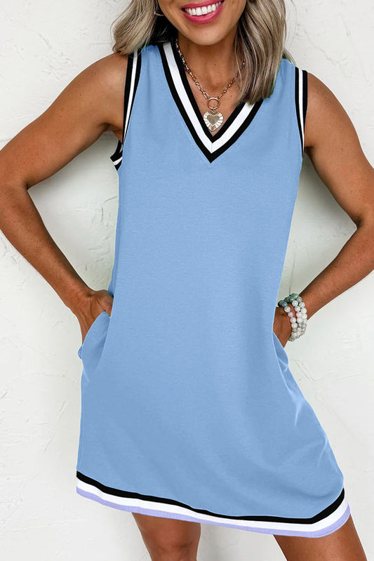 Myosotis Color Contrast Trim V Neck Shift Sleeveless Mini Dress