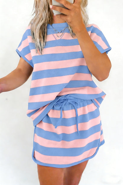 Yellow Stripe Dolman Tee Drawstring Skort Athletic 2pcs Set