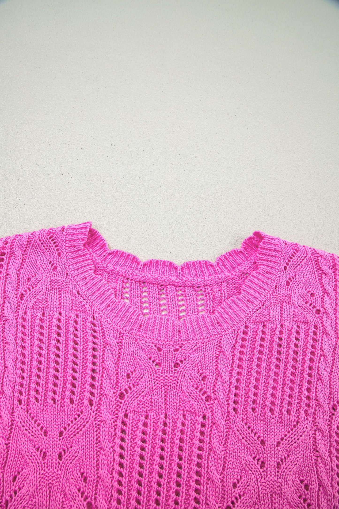 Beau Blue Pointelle Knit Patterned Scalloped Trim Short Sleeve Sweater