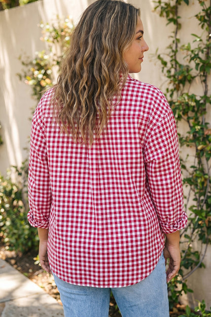 Red Plaid V Neck Long Sleeve Tunic Loose Fit Plus Size Shirt