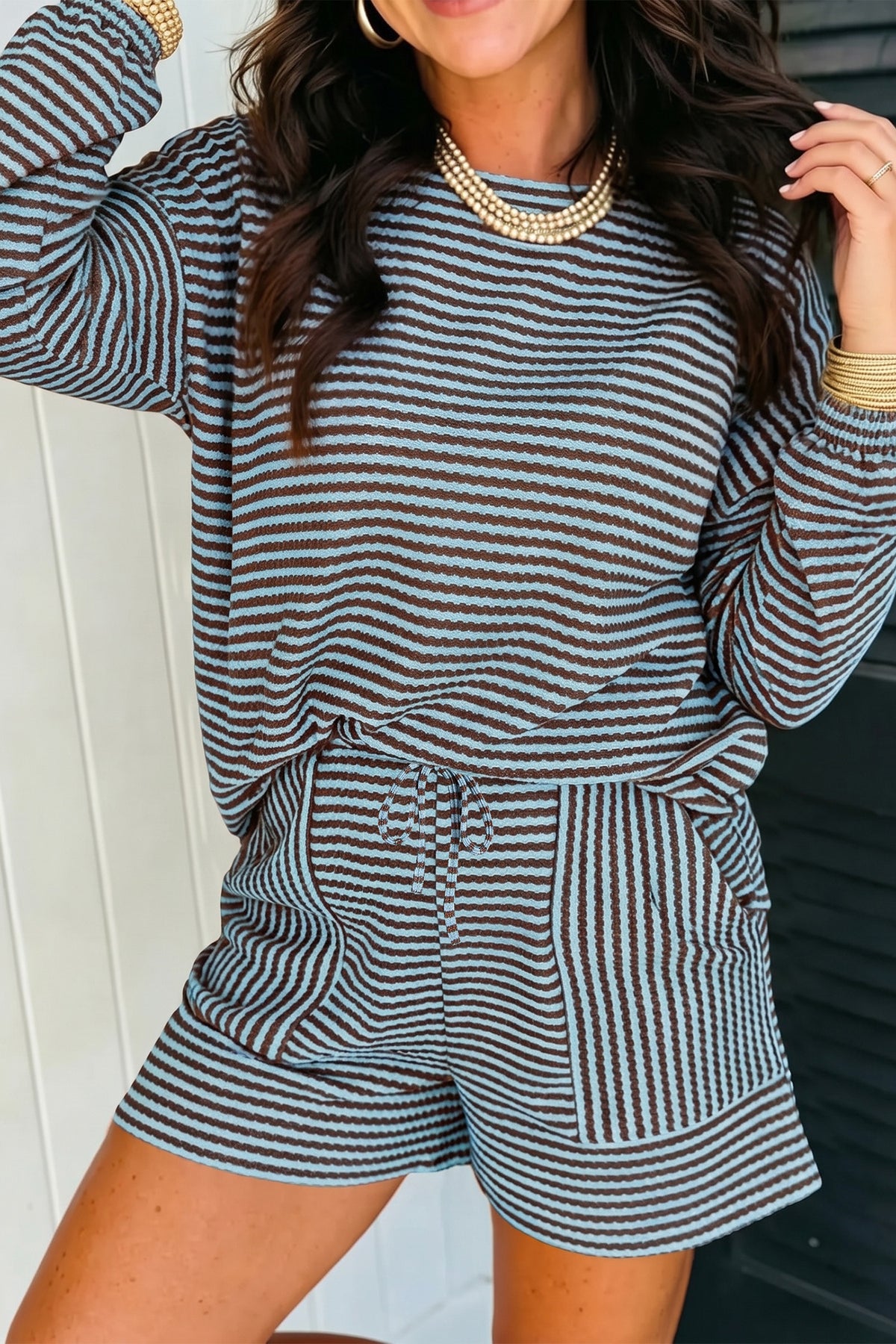 Black Stripe Textured Knit Long Sleeve Top Elastic Waist Shorts Casual Outfit