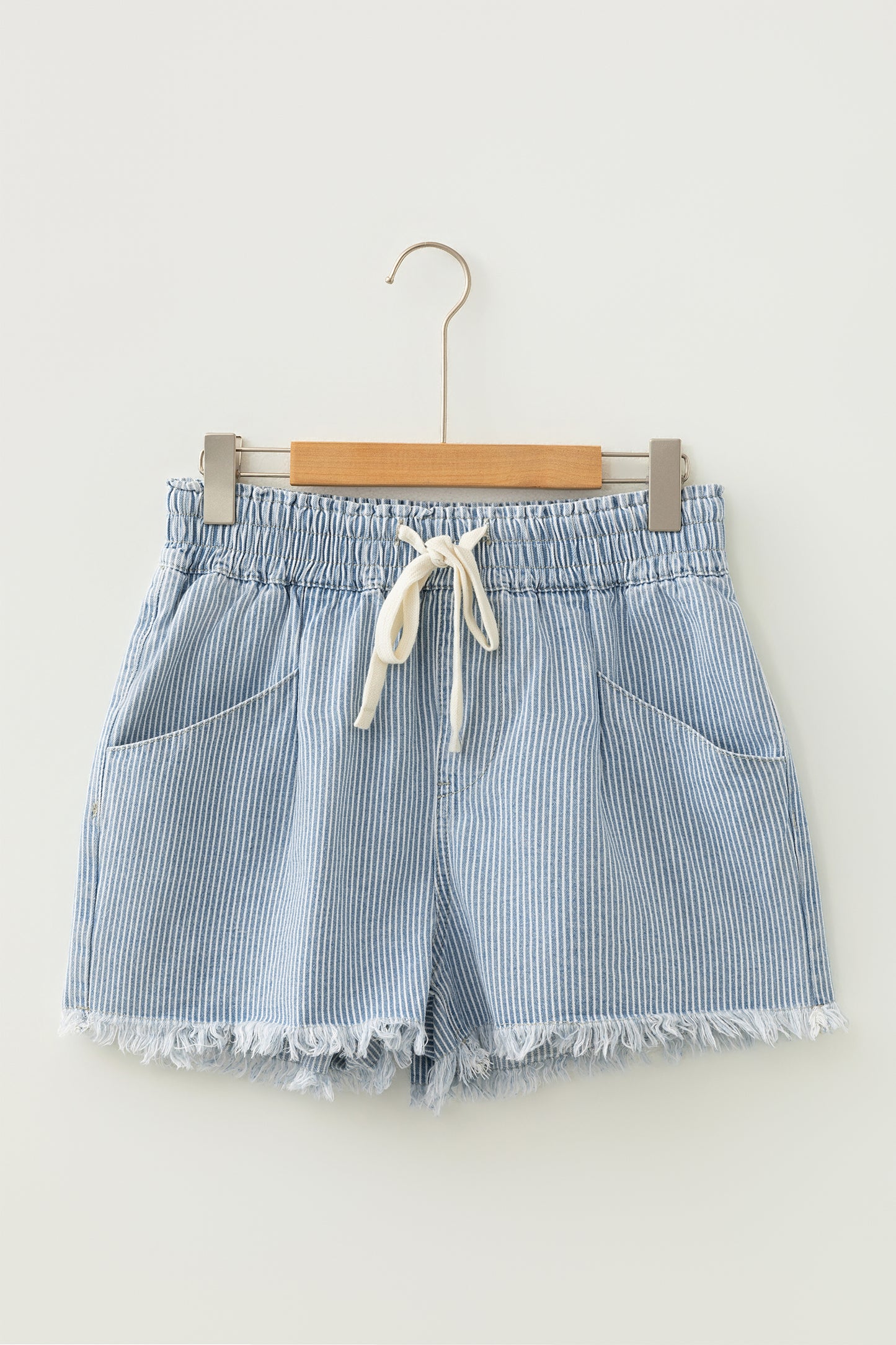 Sky Blue Stripe Raw Edge Drawstring Elastic Waist Casual Denim Shorts