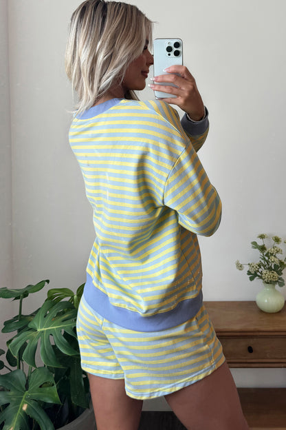 Yellow Stripe Color Block Detail Long Sleeve Pullover Elastic Waist Pull On Shorts 2pcs Set