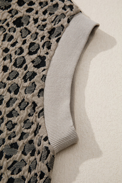 Beige Zip up Collared Leopard Cap Sleeve Top