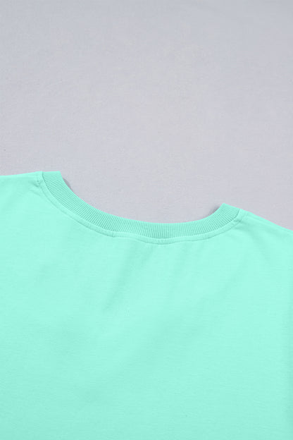 Turquoise Solid Color V Neck Short Puff Sleeve Blouse