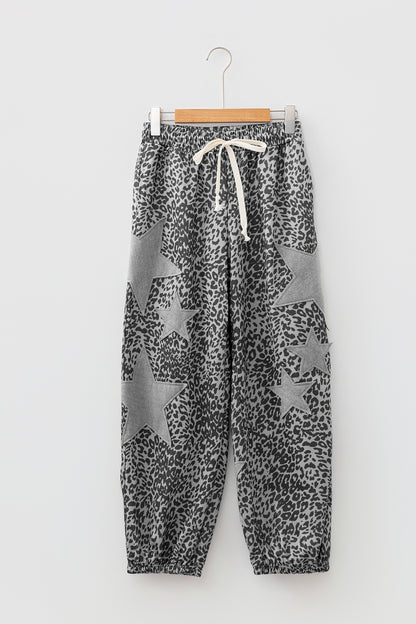 Khaki Leopard Print Star Patched Drawstring Elastic Waist Jogger Pants