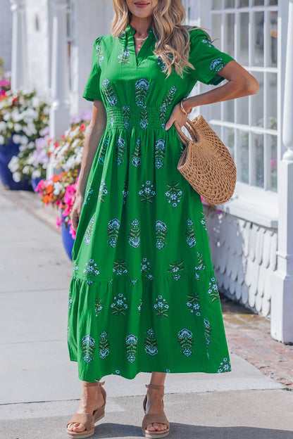 Green Floral Print Split Neck Shirred High Waist Ruffle Hem Maxi Dress