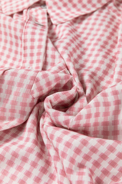 Pink Plaid Half Sleeve Ruffle Hem Button Down Shirt