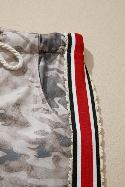 Khaki Camouflage Print Striped Side Panel Patchwork Drawstring Pants