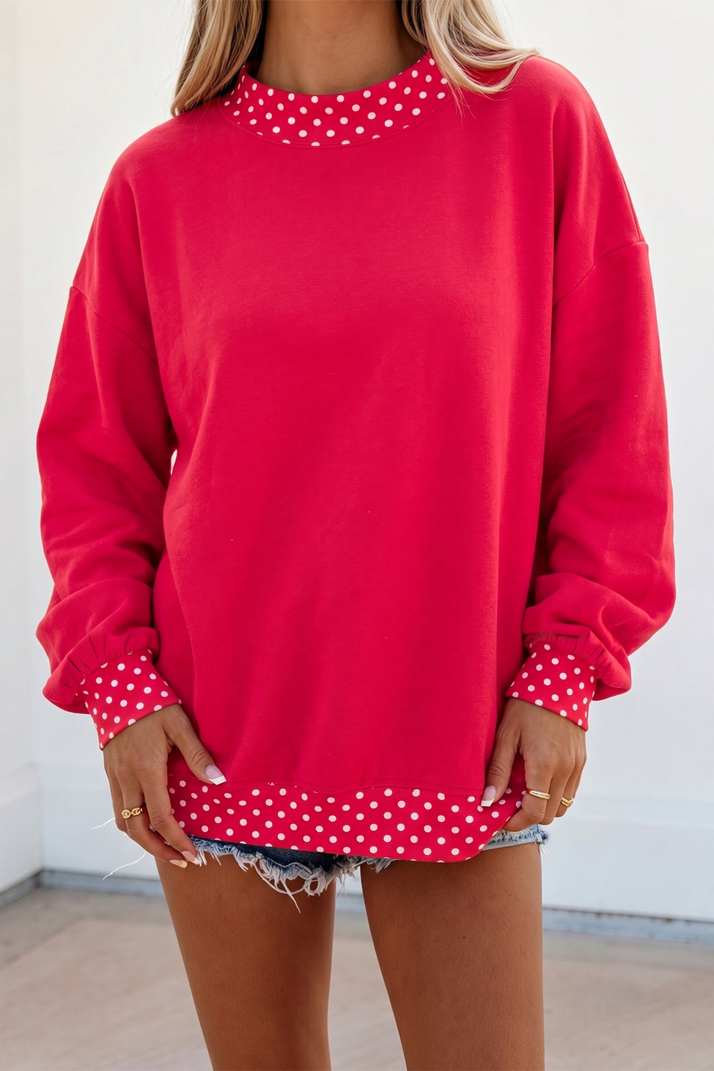 Racing Red Colorblock Polka Dot Contrast Trim Oversized Sweatshirt