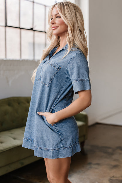 Blue Short Sleeve Collared Patched Pocket Denim Mini Dress