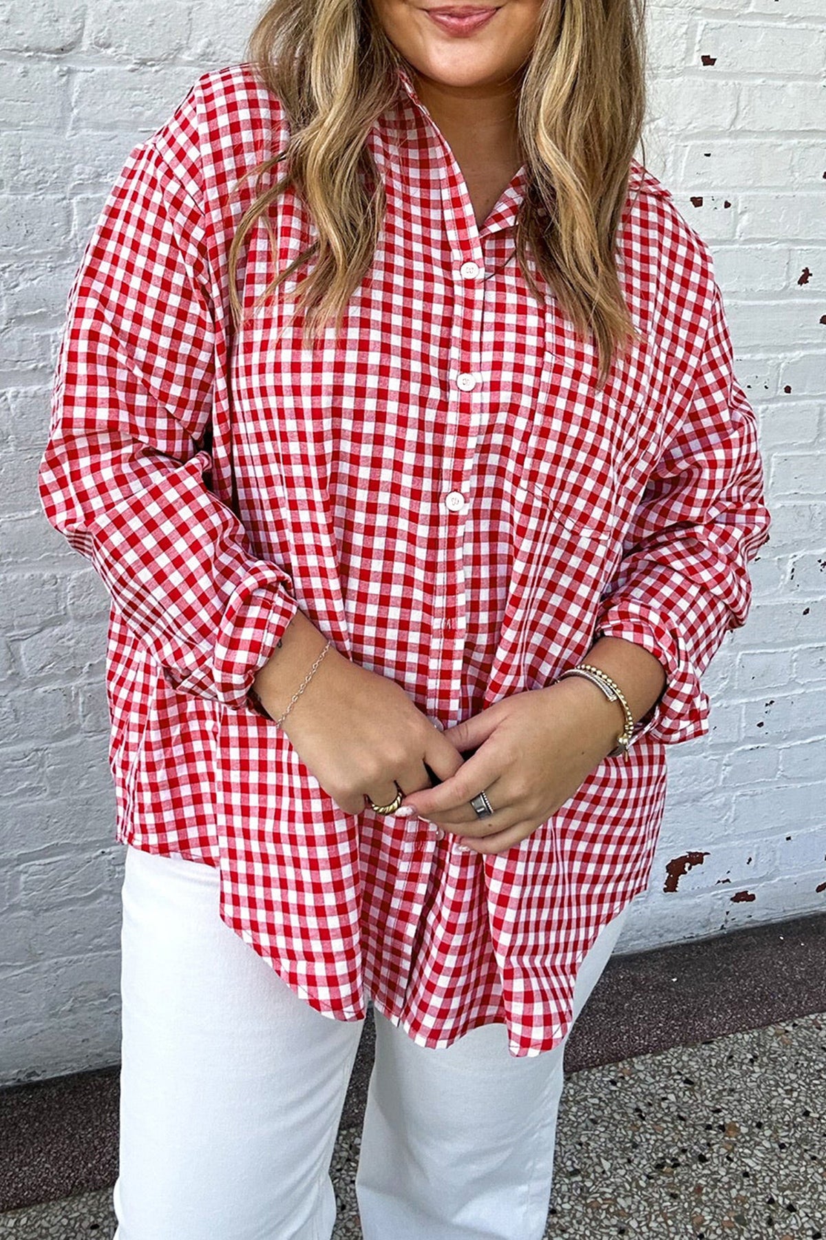 Red Plaid V Neck Long Sleeve Tunic Loose Fit Plus Size Shirt