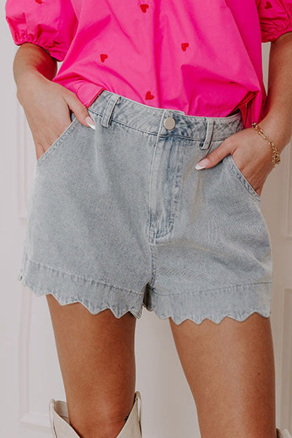 White Scalloped Hemline Acid Wash High Waist Denim Shorts