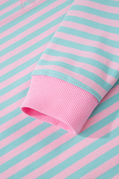 Pink Stripe Color Block Detail Long Sleeve Pullover Elastic Waist Pull On Shorts 2pcs Set