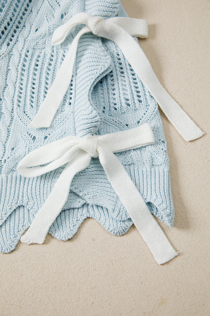 Beau Blue Pointelle Knit Patterned Scalloped Trim Short Sleeve Sweater