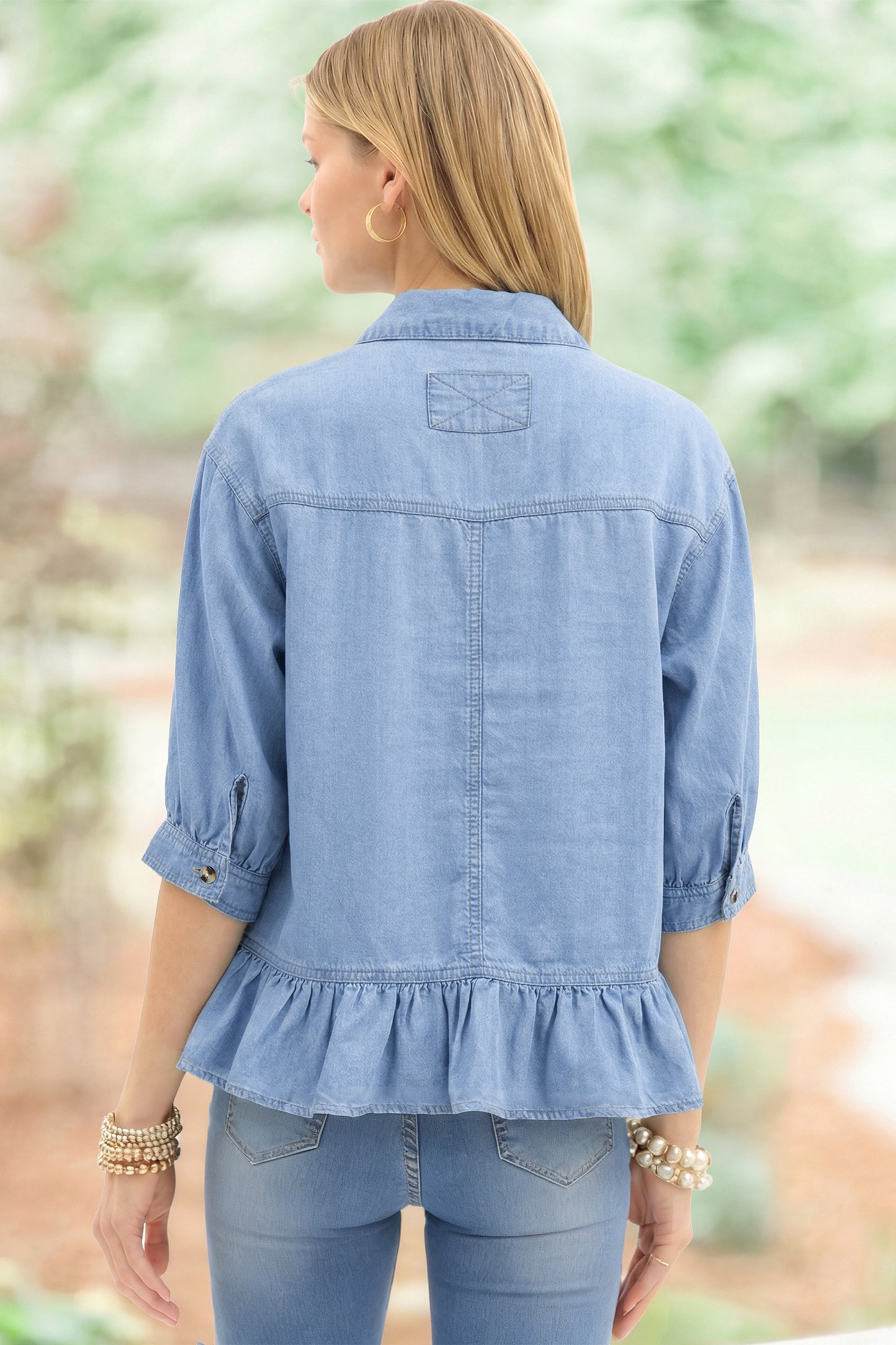 Beau Blue Half Sleeve Button Down Ruffled High Low Chambray Shirt