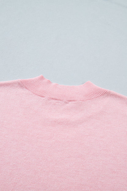 Pink Stand Neck Contrast Wavy Trim Short Sleeve Sweater