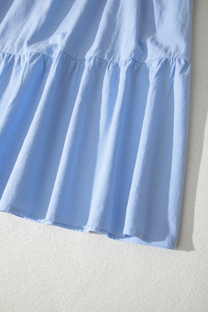 Beau Blue Flowy Short Sleeve Lace Detail Square Neck Tiered Midi Dress