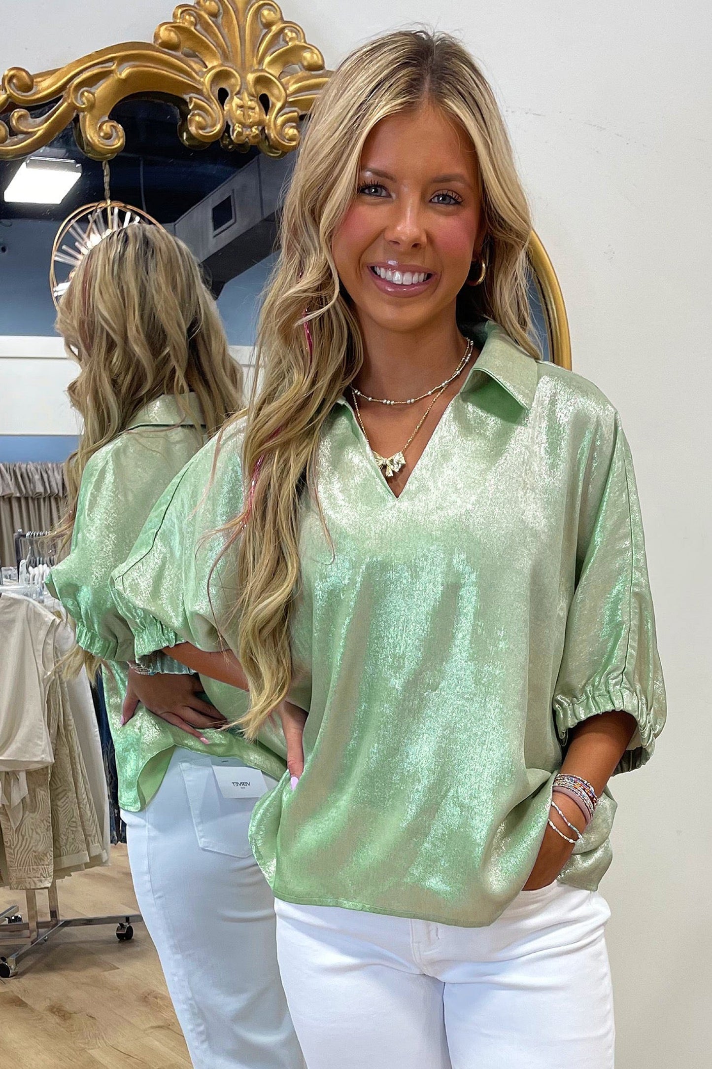 Casual Collared V Neck Half Sleeve Metallic Top