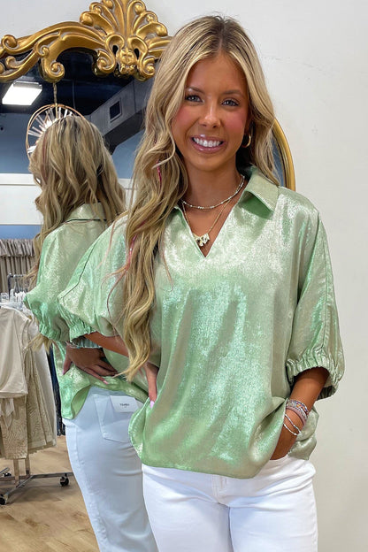 Casual Collared V Neck Half Sleeve Metallic Top