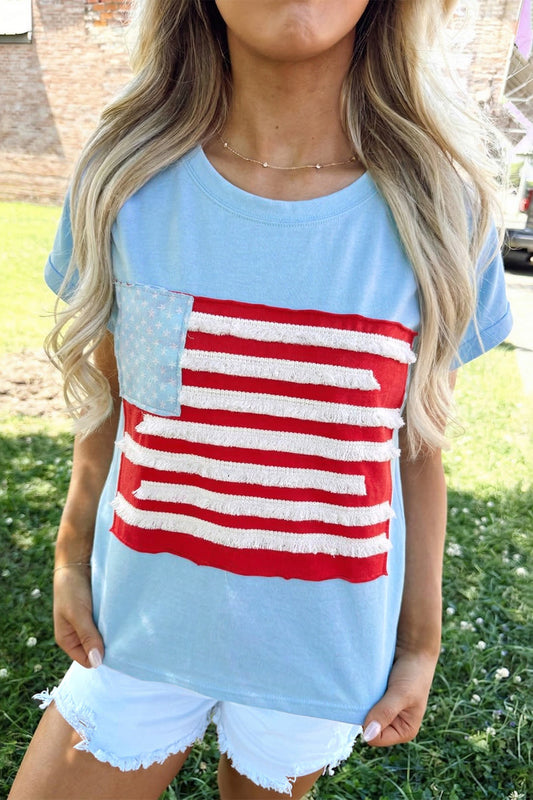 Mist Blue USA Flag Textured Patchwork Cap Sleeve Tee