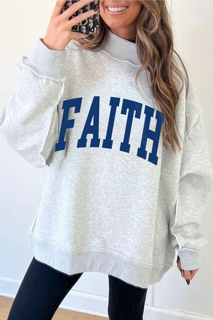 Light Grey FAITH/ JESUS Double Side Letter Print Casual High Neck Sweatshirt