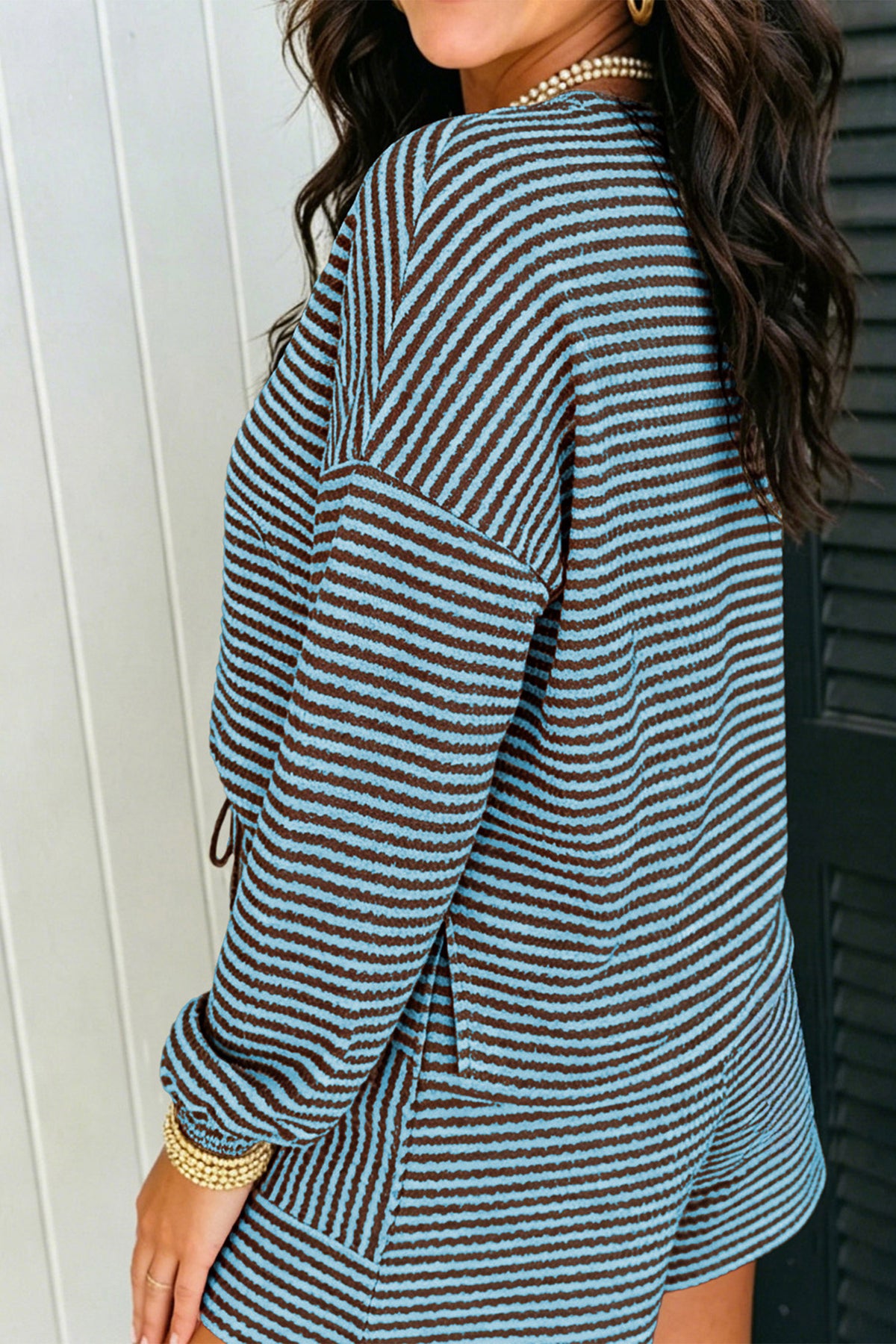 Black Stripe Textured Knit Long Sleeve Top Elastic Waist Shorts Casual Outfit