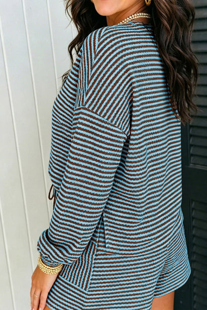 Black Stripe Textured Knit Long Sleeve Top Elastic Waist Shorts Casual Outfit