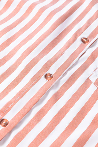 Khaki Stripe Button Front Ruffle Hem Bracelet Sleeve Shirt