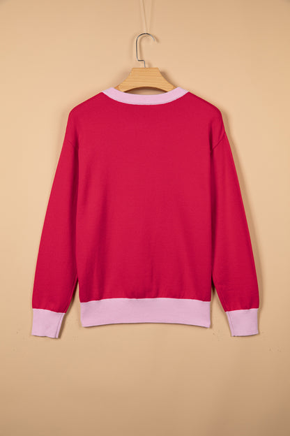 Red Drop Shoulder Round Neck Letter Print Colorblock Sweater