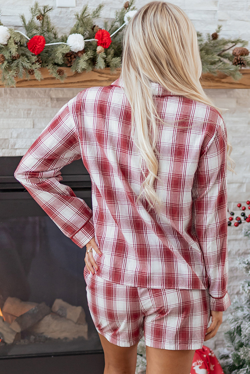 Red Retro Plaid Long Sleeve Shirt Drawstring Shorts 2pcs Lounge Set