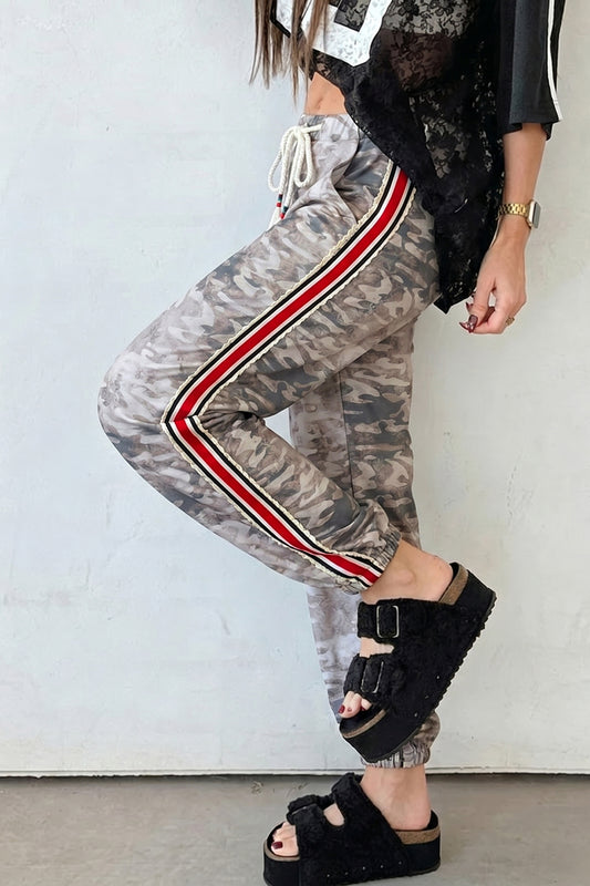 Khaki Camouflage Print Striped Side Panel Patchwork Drawstring Pants