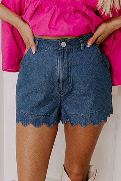 White Scalloped Hemline Acid Wash High Waist Denim Shorts