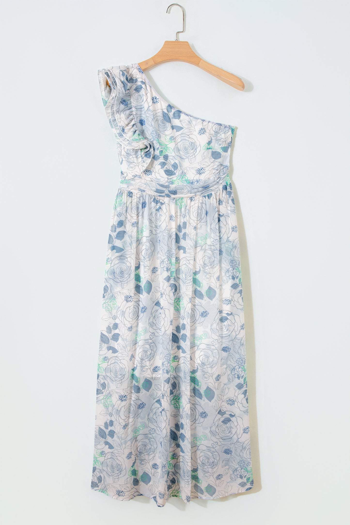 Sky Blue Floral Print Ruffled One Shoulder Vacation Maxi Dress